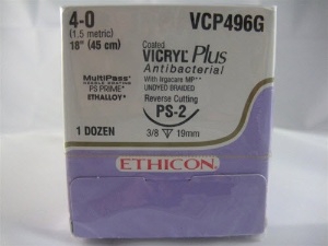 Absorbable Antibacterial Suture with Needle Coated Vicryl Plus Polyglactin 910 PS-2 3/8 Circle Precision Reverse Cutting Needle Size 4-0 Braided