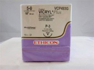 Absorbable Antibacterial Suture with Needle Coated Vicryl Plus Polyglactin 910 P-3 3/8 Circle Precision Reverse Cutting Needle Size 5-0 Braided