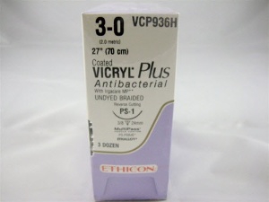 Absorbable Antibacterial Suture with Needle Coated Vicryl Plus Polyglactin 910 PS-1 3/8 Circle Reverse Cutting Needle Size 3-0 Braided