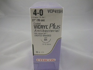 Absorbable Antibacterial Suture with Needle Coated Vicryl Plus Polyglactin 910 SH 1/2 Circle Taper Point Needle Size 4-0 Braided