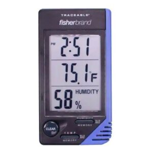 Thermometer / Clock / Humidity Monitor Fisherbrand Traceable Fahrenheit / Celsius 32 degree to 122 degreeF (0 degree to 50 degreeC) Internal Sensor Flip-out Stand / Wall Mount Battery Operated