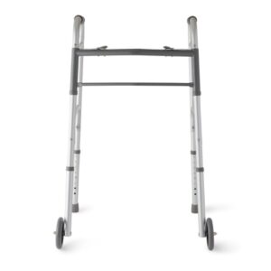 Dual Release Folding Walker with Wheels Adjustable Height Medline Aluminum Frame 300 lbs. Weight Capacity 32-1/2 to 38-1/2 Inch Height