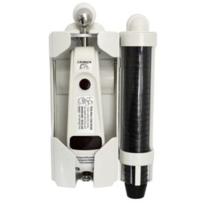 Keyless Locking Wall Mount Exergen Holder plus integrated cap dispenser shown with caps For TAT-5000 Temporal Thermometer and Caps