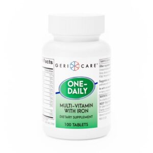 Multivitamin Supplement with Iron Geri-Care Vitamin A / C / D-3 / Iron 5,000 IU – 50 mg – 400 IU – 18 mg Strength Tablet 100 per Bottle Unflavored