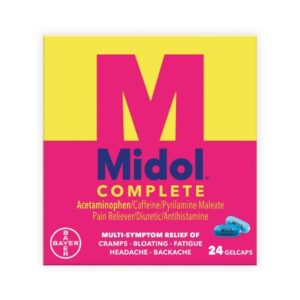 Cramp Relief Midol Complete 500 mg – 60 mg – 15 mg Strength Acetaminophen / Caffeine / Pyrilamine Maleate Gelcap 24 per Box