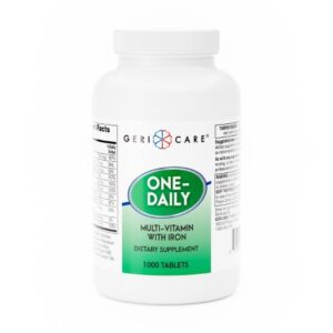 Multivitamin Supplement with Minerals Geri-Care Vitamin A, Ascorbic Acid, Vitamin D-3, Thiamin, Riboflavin, Niacin, Vitamin B-6, Vitamin B-12, Pantothenic Acid, Iron (ferrous sulfate) 5,000 IU – 50 mg – 400 IU – 2 mg – 2.5 mg – 20 mg – 1 mg – 1 mcg – 1 mg – 18 mg Strength Tablet 1,000 per Bottle Unflavored