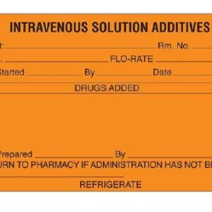 Pre-Printed Label Shamrock Anesthesia Label Orange INTRAVENOUS SOLUTION ADDITIVES / PATIENT __ ROOM __ / IV NO. __ FLO-RATE __ / TIME STARTED __ BY __ DATE __ / DRUGS ADDED / TIME PREPARED __ BY __ / RETURN TO PHARMACY IF ADMINISTRATION HAS NOT BEGUN /BY: __ / REFRIGERATE Black Syringe Label 2-1/2 X 4 Inch
