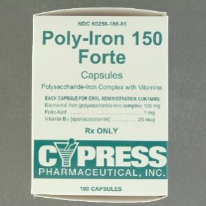 Poly-Iron 150 Forte Iron Polyssacharide Complex / Vitamin B12 / Folic Acid / Iron 25 mcg -1 mg – 150 mg Capsule 100 Capsules