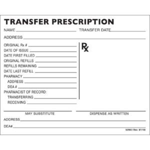 Rx Transfer Prescription Form 4-1/4 X 5-1.2 Inch, 100 Sheets