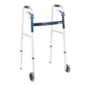 Dual Trigger Release Folding Walker with Wheels Adjustable Height drive Aluminum Frame 350 lbs. Weight Capacity 32 to 39 Inch Height