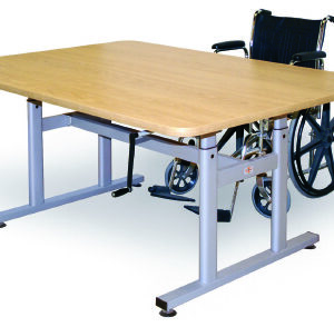 Crank Hi-Lo Table 60 L X 28 W X 27 to 39 H Inch Natural Oak High Pressure Laminate Top / Steel Frame