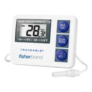 Digital Refrigerator / Freezer Thermometer with Alarm Fisherbrand Fahrenheit / Celsius -58 degree to +158 degreeF (-50 degree to +70 degreeC) External Probe Flip-out Stand / Wall Mount Battery Operated