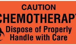 Pre-Printed Label UAL Caution Label Orange Paper Caution Chemotherapy Dispose of Properly Handle with Care Black Biohazard 7/8 X 2-1/4 Inch