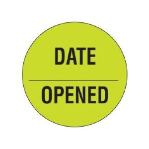 Pre-Printed / Write On Label Auxiliary Label Chartreuse DATE / _____ / OPENED Black Quality Control Label 3/4 Inch Diameter