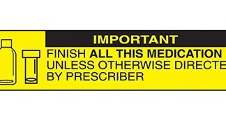 Pre-Printed Label Indeed Auxiliary Label Yellow Paper Important Finish All This Medication Unless Otherwise Directed By Prescriber Black Safety and Instructional 3/8 X 1-5/8 Inch