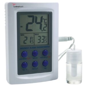 Digital Refrigerator / Freezer Thermometer with Alarm CardinalHealth Fahrenheit / Celsius -58 degree to +158 degreeF (-50 degree to +70 degreeC) Bottle Probe Desk / Wall / Door Mount Battery Operated