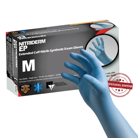 Exam Glove NitriDerm EP Medium NonSterile Nitrile Extended Cuff Length Fully Textured Blue Chemo Tested / Fentanyl Tested