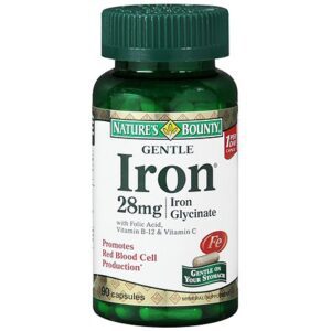 Mineral Supplement Nature’s Bounty Iron / Ascorbic Acid / Folic Acid / Vitamin B12 60 mg – 400 mcg – 8 mcg Strength Capsule 90 per Bottle