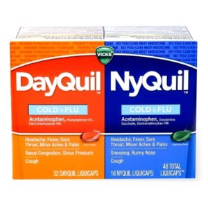 Cold and Cough Relief DayQuil Nyquil Combo Pack 325 mg – 10 mg – 5 mg Strength and 325 mg – 15 mg – 6.25 mg Strength Gelcap 48 per Box