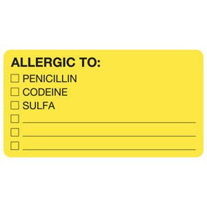 Pre-Printed Label Allergy Alert Chartreuse ALLERGIC TO: PENICILLIN/CODEINE/SULFA Alert Label 1-3/4 X 3-1/4 Inch