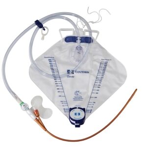 Indwelling Catheter Tray Dover Premium Foley 18 Fr. 5 cc Balloon Silver Hydrogel Coated Silicone