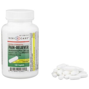 Pain Relief McKesson Brand 250 mg – 250 mg – 65 mg Strength Acetaminophen / Aspirin / Caffeine Caplet 100 per Bottle