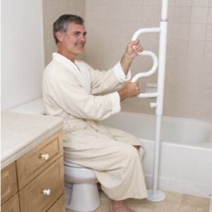 Security Pole with Curved Grab Bar Stander White Powder-Coated Steel