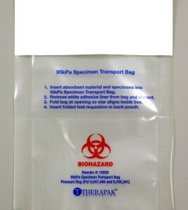 Specimen Transport Bag with Document Pouch Therapak 95kPa Compliant 7 X 11 Inch Adhesive Closure Biohazard Symbol / Instructions for Use NonSterile