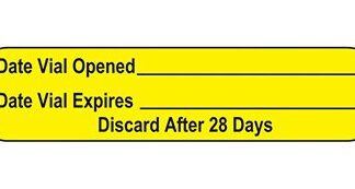 Pre-Printed / Write On Label Indeed Auxiliary Label Yellow Paper Date Vial Opened_____Date Vial Expires____ Discard After 28 Days Black Quality Control Label 3/8 X 1-5/8 Inch
