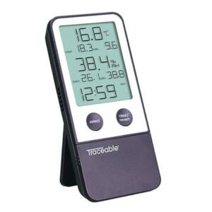 Digital Thermometer / Hygrometer Traceable Fahrenheit / Celsius 32 degree to 122 degreeF (0 degree to 50 degreeC) Internal Sensor Flip-out Stand / Wall Mount Battery Operated
