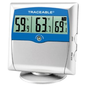 Digital Thermometer / Hygrometer with Alarm Traceable Fahrenheit / Celsius 14 degree to 140 degreeF (-10 degree to +60 degreeC) Solid State Sensors Free-standing / Wall Mount Battery Operated