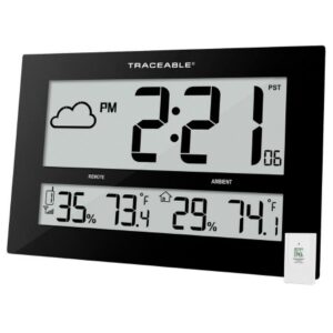 Radio Atomic Clock Traceable 1-3/4 X 10-1/2 X 16-1/2 Inch 12/24 hours / ‘-5 to 50 degreeC (23 to 122 degreeF) Digital Display Battery Powered