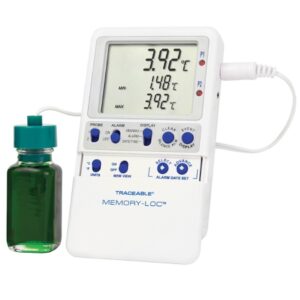 Refrigerator / Freezer Temperature Data Logger with Alarm Traceable Memory-Loc Fahrenheit / Celsius -58 degree to +158 degreeF (-50 degree to +70 degreeC) Glycol Bottle Probe Multiple Mounting Options Battery Operated