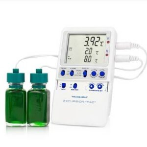 Datalogging Refrigerator / Freezer Thermometer with Alarm Traceable Excursion-Trac Fahrenheit / Celsius -58 degree to +158 degreeF (-50 degree to +70 degreeC) 2 Glycol Bottle Probes Multiple Mounting Options Battery Operated