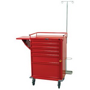 Crash Cart V-Series Steel Body and Drawers 22 X 33.25 X 67.4 Inch Height includes IV Pole Red (4)-3 Inch, (1)-6 Inch, (1)-12 Inch Drawer Configuration, 16.75 X 23 Inch Internal Drawer