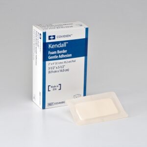 Foam Dressing Kendall Border Foam Gentle Adhesion 3-1/2 X 5-1/2 Inch With Border Film Backing Silicone Adhesive Rectangle Sterile