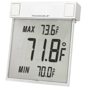 Digital Thermometer Traceable Big-Digit See-Thru Fahrenheit / Celsius -13 degree to +158 degreeF (-25 degree to +70 degreeC) Internal Sensor Multiple Mounting Options Battery Operated