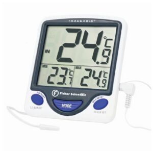 Digital Refrigerator / Freezer Thermometer with Alarm Fisherbrand Traceable Fahrenheit / Celsius -58 degree to +158 degreeF (-50 degree to +70 degreeC) External Sensor / Bottle Probe Flip-out Stand / Wall Mount Battery Operated