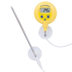 Digital Water-Resistant Thermometer Traceable Fahrenheit / Celsius -58 degree to +572 degreeF (-50 degree to +300 degreeC) Stainless Steel Probe Multiple Mounting Options Battery Operated