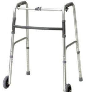 Dual Release Folding Walker with Wheels Adjustable Height Aluminum Frame 350 lbs. Weight Capacity 32 to 39 Inch Height