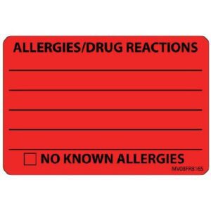 Pre-Printed Label MedVision Allergy Alert Red Paper ALLERGIES/DRUG REACTIONS______/NO KNOWN ALLERGIES Black Alert Label 2 X 2-15/16 Inch