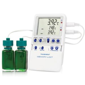 Datalogging Refrigerator / Freezer Thermometer with Alarm Traceable Memory-Loc Fahrenheit / Celsius -58 degree to +158 degreeF (-50 degree to +70 degreeC) 2 Glycol Bottle Probes Multiple Mounting Options Battery Operated