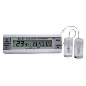 Refrigerator / Freezer Thermometer Thermco Min-Max Time Stamp Fahrenheit / Celsius -40 degree to +158 degreeF (-40 degree to +70 degreeC) 2 Bottle Probes Door / Wall Mount Battery Operated