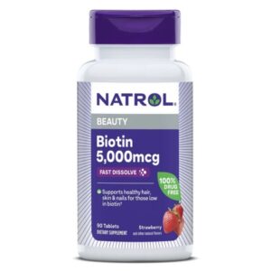 Biotin Supplement Natrol Vitamin B7 5,000 mcg Strength Tablet 90 per Bottle Strawberry Flavor