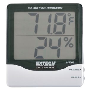 Digital Thermometer / Hygrometer Extech Big Digit Fahrenheit / Celsius 14 degree to 140 degreeF (-10 degree to +60 degreeC) Without External Probe Desk / Wall Mount Battery Operated
