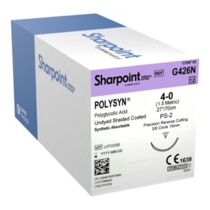 Absorbable Suture with Needle PolySyn Polyglycolic Acid PS-2 3/8 Circle Precision Reverse Cutting Needle Size 4-0 Braided