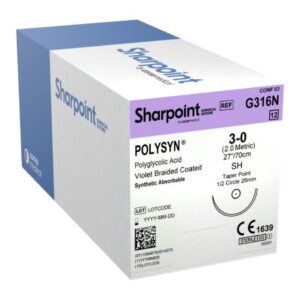 Absorbable Suture with Needle PolySyn Polyglycolic Acid SH 1/2 Circle Taper Point Needle Size 3-0 Braided