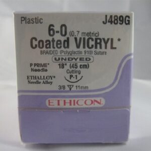 Absorbable Suture with Needle Coated Vicryl Polyglactin 910 P-1 3/8 Circle Precision Reverse Cutting Needle Size 6-0 Braided