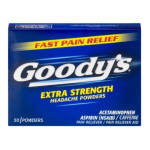 Pain Relief Goody’s Extra Strength 260 mg – 520 mg – 32.5 mg Strength Acetaminophen / Aspirin / Caffeine Powder 50 per Box