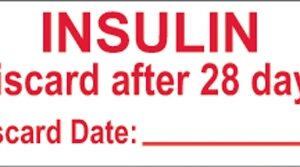 Pre-Printed Label Auxiliary Label White Paper Insulin Discard After 28 Days Discard Date Red Safety and Instructional 1-1/2 X 5/8 Inch